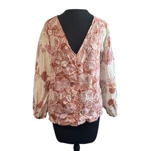 Tahari 100% Linen Oversized Floral Leaf Top Small